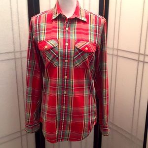 Original Farmstead Vintage Washed Flannel Plaid Button Down Shirt Red & Green